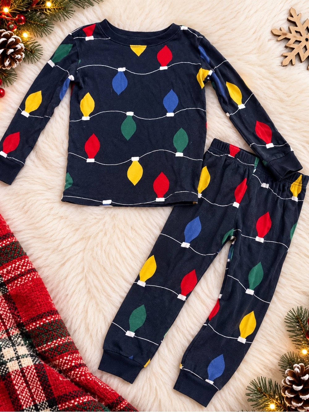 Carter’s Christmas Lights Pajamas Kids Size 5T 5A Navy Holiday PJs 2 Piece Set